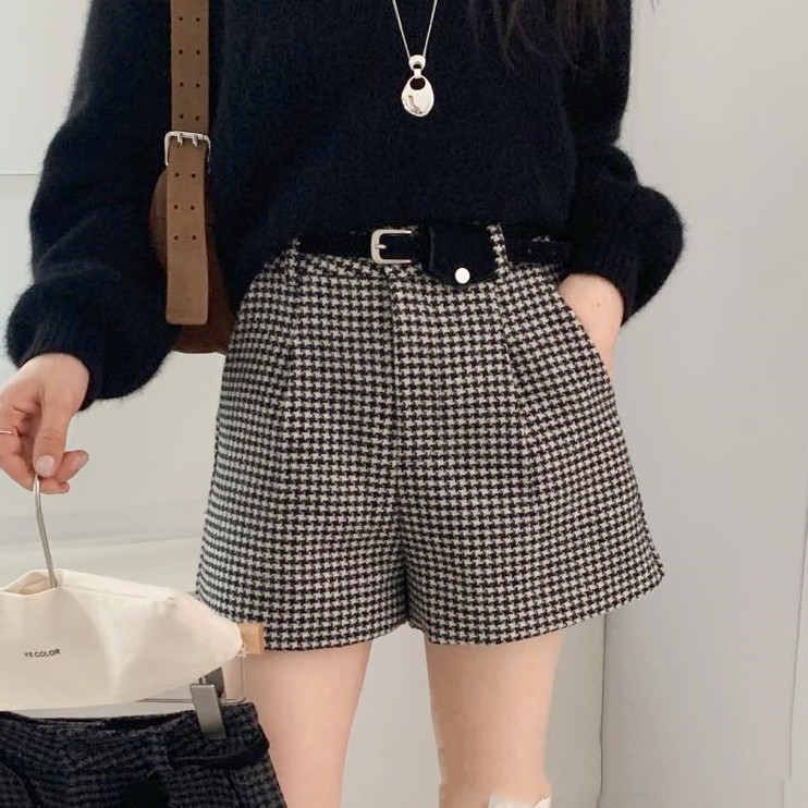 千鸟格毛呢短裤女秋冬季高腰靴裤