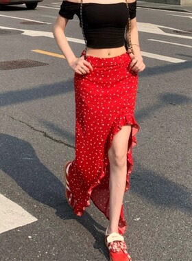 荷叶边碎花半身裙女夏季高腰修身显瘦包臀裙红色不规则开叉长裙子