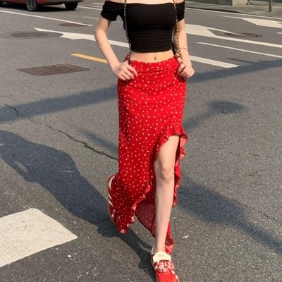 荷叶边碎花半身裙女夏开叉长裙子