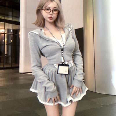 蕾丝灰色纯欲又甜又辣卫衣套装裙