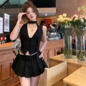 女夏季 新款 辣妹无袖 赫本风套装 上衣条纹百褶a字短裙两件套夏天款