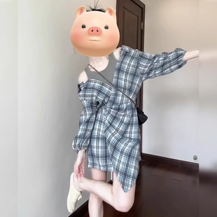 女装 连衣裙子2025秋冬新款 小个子短裙 高级气质设计感格子衬衫 法式