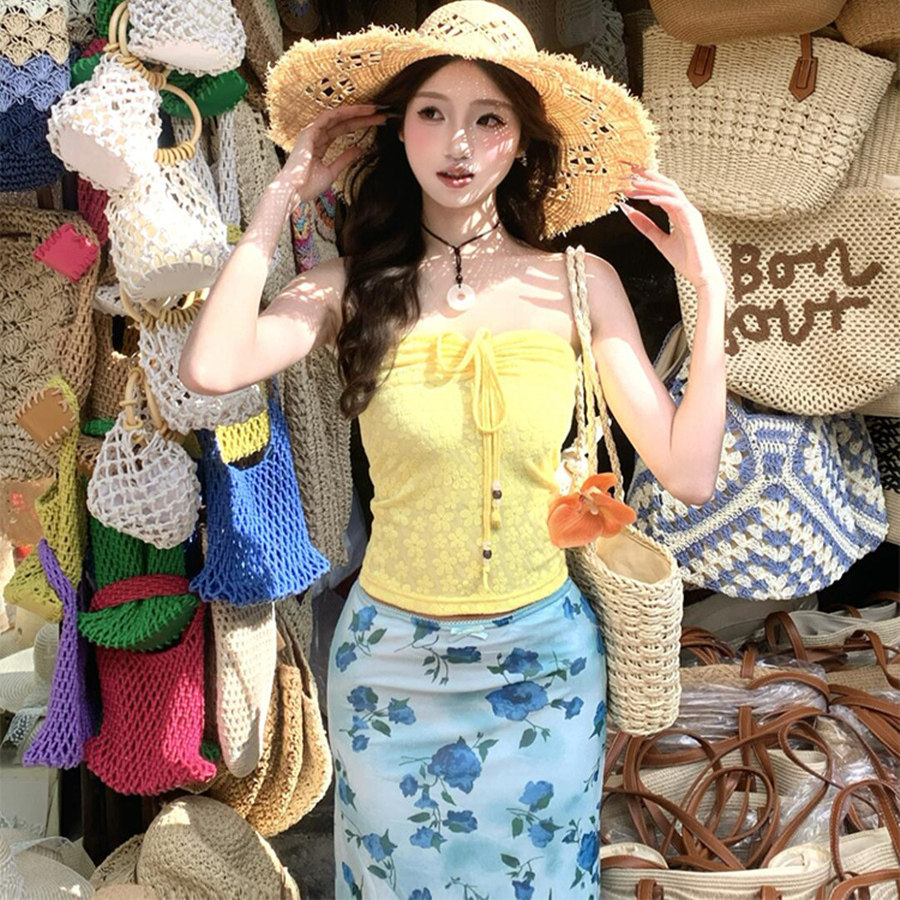 多巴胺纯欲辣妹黄色抹胸绑带上衣