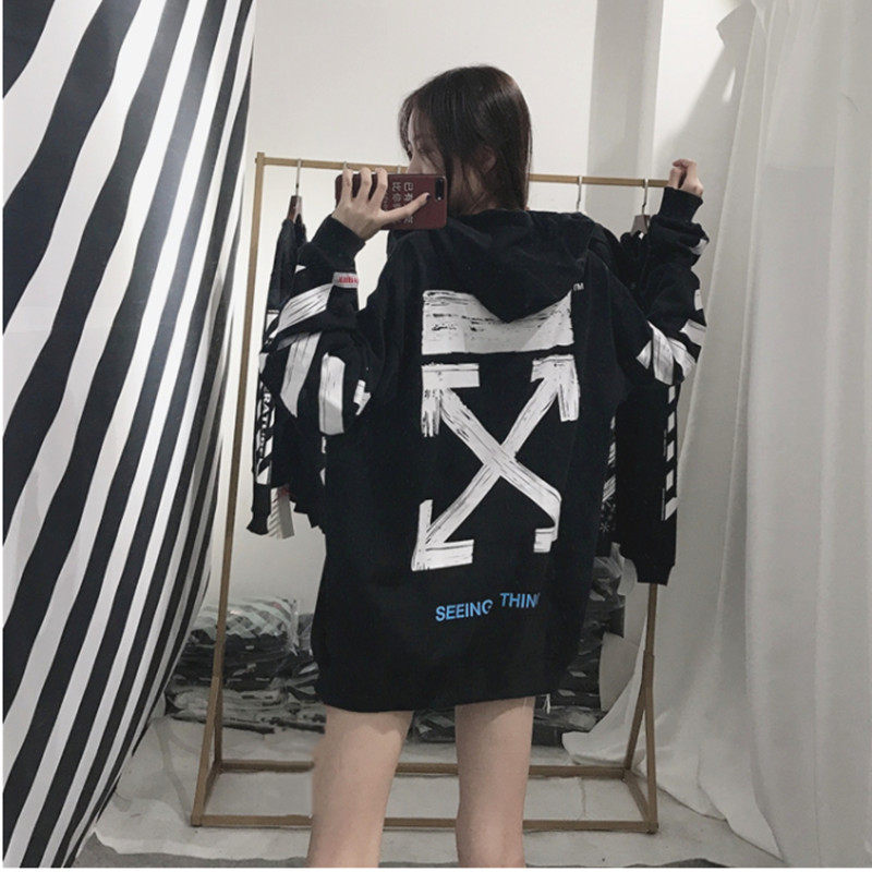 off white潮牌ow油画莫奈斑马线箭头卫衣连帽男女冬加绒拉链外套