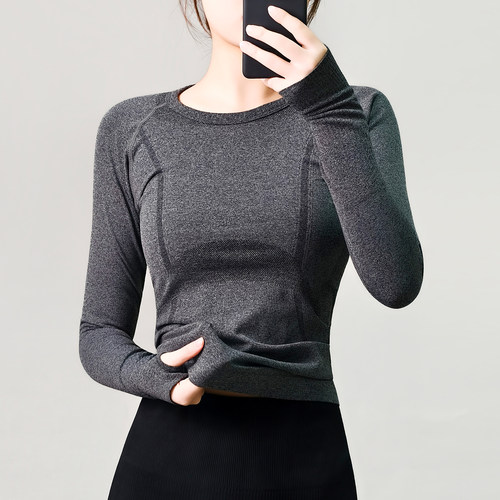 可可推荐运动上衣女无缝瑜伽服长袖跑步T恤显瘦普拉提训练健身服