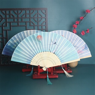 古风仙鹤扇子折扇男女中国风夏季折叠汉服旗袍舞蹈拍摄日式小竹扇