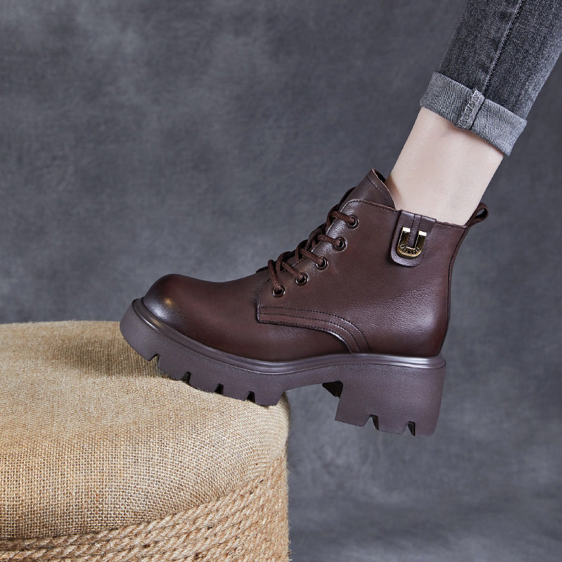 真皮马丁靴女秋冬单靴2025新款加绒头层全牛皮小个子粗跟厚底短靴