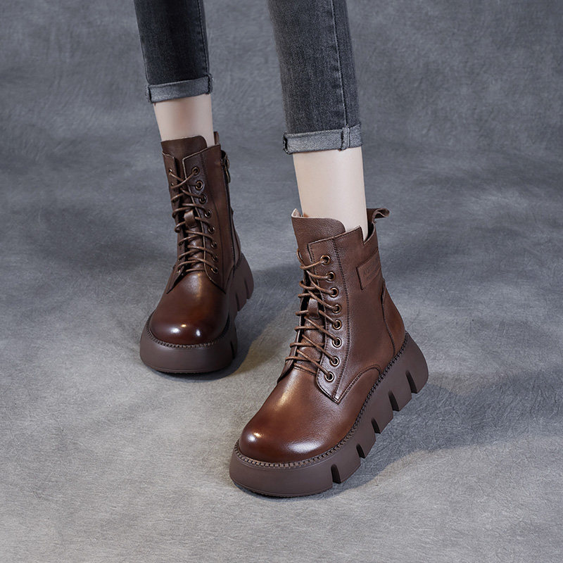 马丁靴女冬季加绒保暖2025新款英伦复古真皮短靴松糕厚底中跟棉靴