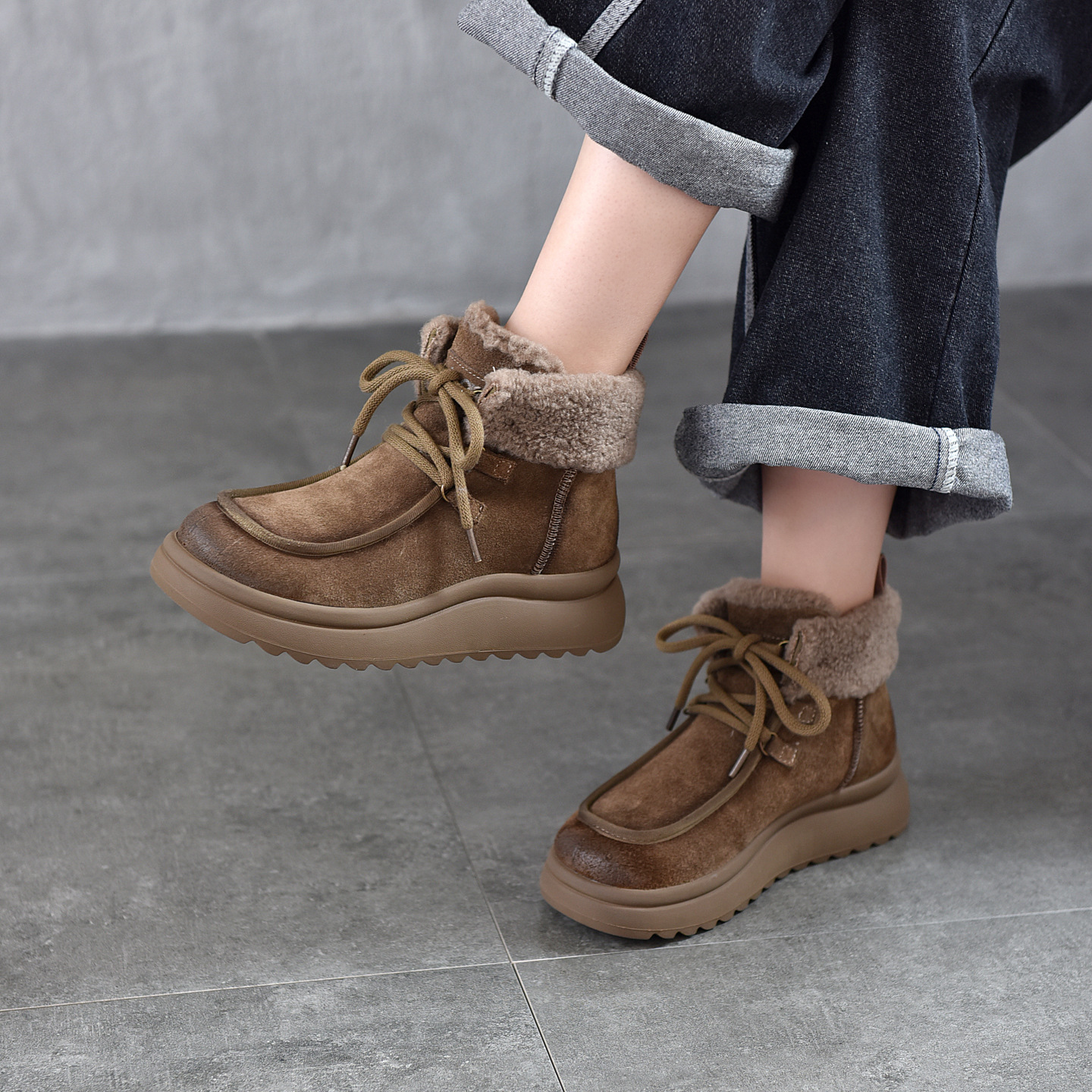 真皮雪地靴女棉靴翻边加厚冬款