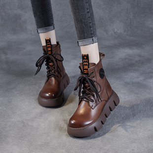 马丁靴女2025年春秋新款 真皮短筒单靴厚底松糕圆头侧拉链休闲女鞋