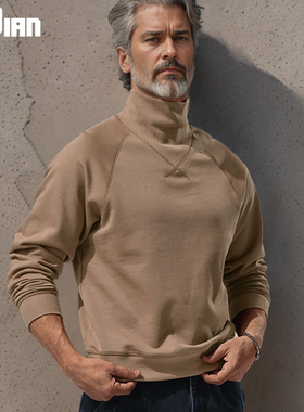高领卫衣男V领交叉线插肩袖重磅纯棉加厚长袖t恤宽松秋冬季打底衫
