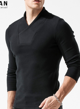 长袖t恤男纯棉V领复古中国风修身打底衫男士加厚保暖秋冬季上衣潮