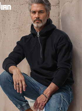 半拉链卫衣男高领加绒加厚保暖连帽重磅棉宽松外套秋冬季上衣潮流