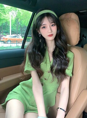 法式绿色polo领工装连体裤女夏季高级感显高小个子高腰显瘦短裤子