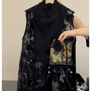 新中式国风禅意上衣设计感小众黑色蕾丝镂空中长款衬衫马甲女夏季