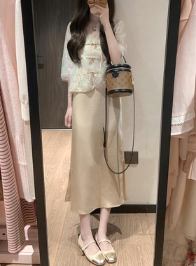 新中式国风气质盘扣白色缎面连衣裙子两件套装2024年新款女装夏装