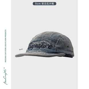 日系vintage水洗做旧牛仔短檐五片帽重工刺绣字母软檐鸭舌帽男女