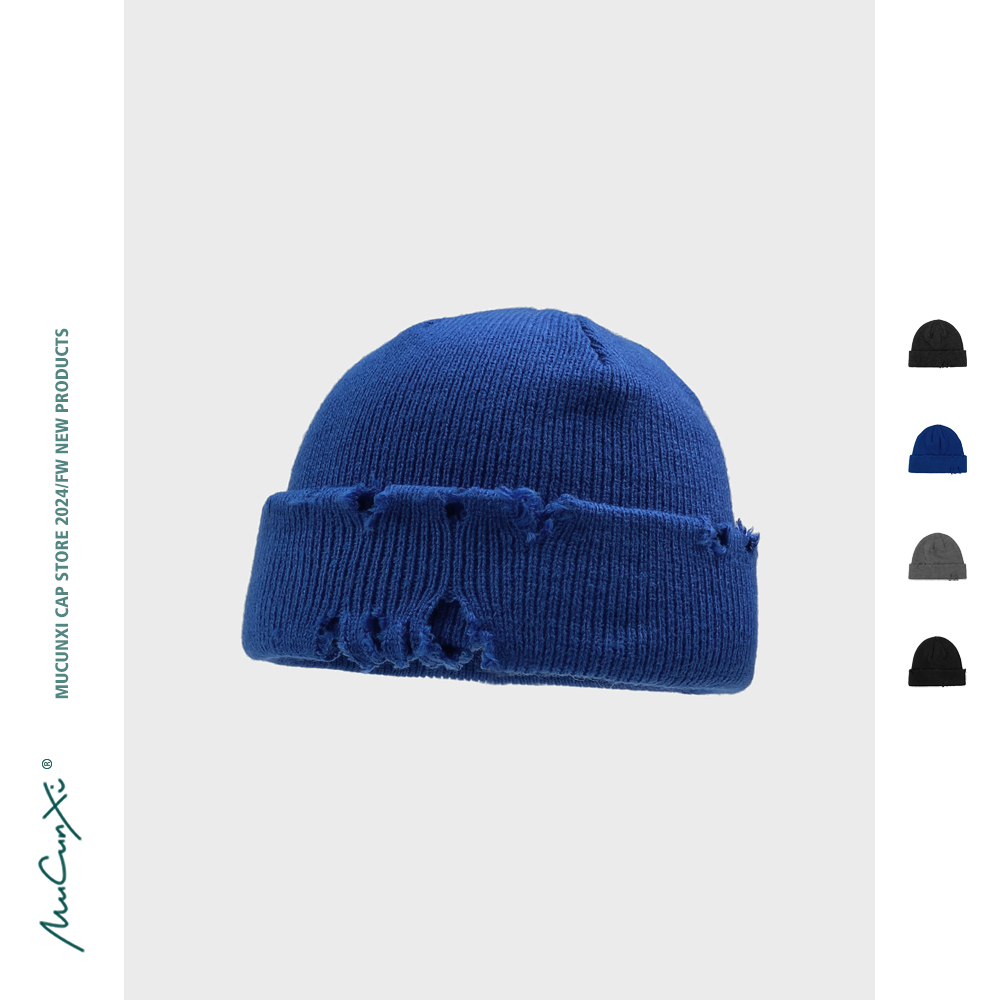 MUCUNXI 自制蓝色显白破洞乞丐毛线帽街头嘻哈流氓地主瓜皮帽冷帽