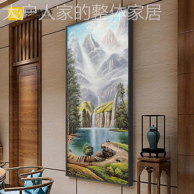 网红纯手绘油竖画版关玄装饰画别墅欧过式客壁厅画山水风景走廊道图片