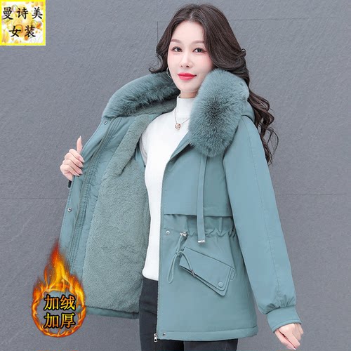 收腰显瘦中长款派克服女加绒棉衣