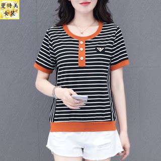 条纹圆领女士短袖t恤2025新款夏季妈妈40岁洋气减龄休闲纯棉上衣