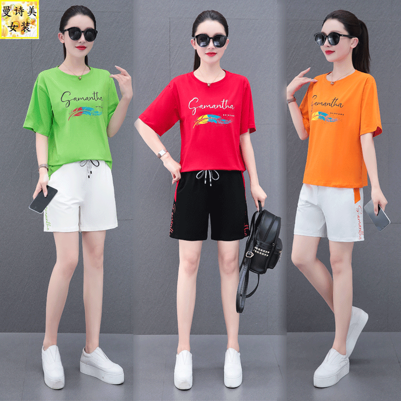 广场舞短袖短裤纯棉运动服套装女2026夏季时尚洋气宽松跑步两件套