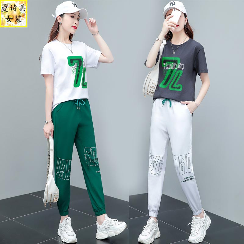 潮牌休闲运动套装女夏季薄款2025新款减龄时尚跑步大码短袖两件套
