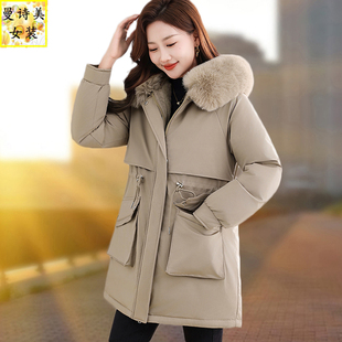 加绒加厚保暖派克服女2026秋冬新款洋气防风连帽毛领收腰显瘦棉衣