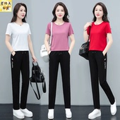 圆领纯色显瘦天丝罗马运动服套装 妈妈洋气休闲两件套 女2026年夏季