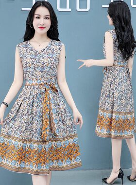 碎花V领收腰无袖中长款连衣裙女夏季2025年新款气质显瘦洋气裙子