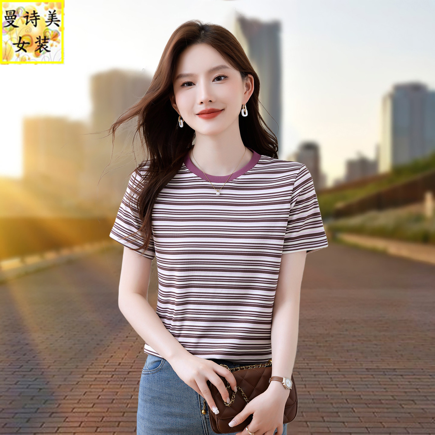 条纹短袖t恤夏季女士薄款2026新款时尚洋气减龄妈妈休闲正肩上衣