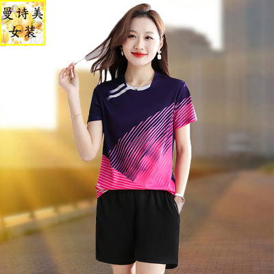 短袖短裤冰丝速干运动套装女跑步