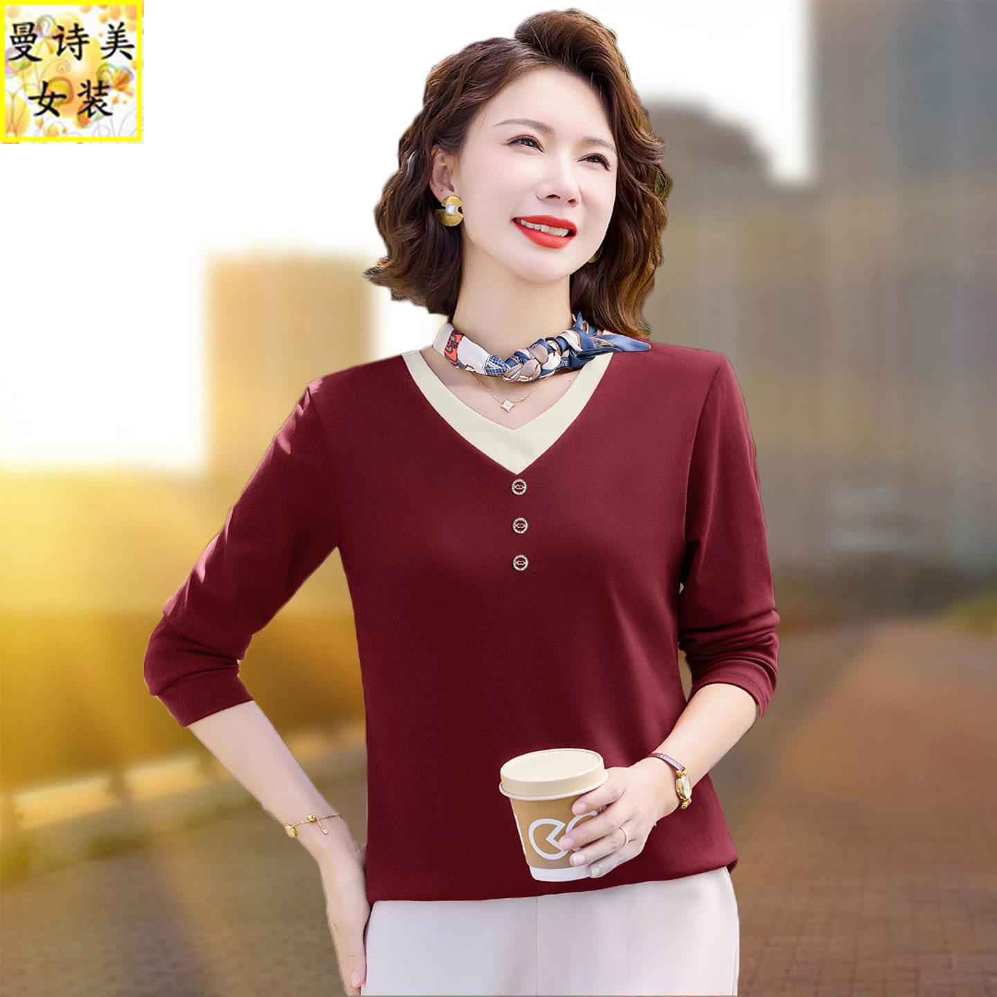 v领春秋季长袖t恤女士打底衫2026新款减龄时尚洋气女装假两件上衣