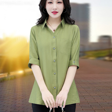 中袖洋气衬衫女中长款2025夏季新款妈妈夏天棉麻上衣宽松短袖衬衣