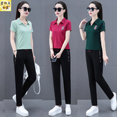 衫 2026新款 妈妈洋气休闲跑步两件套 女夏季 冰丝棉POLO领运动服套装