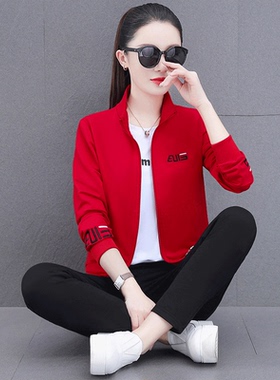 红色显瘦跑步运动套装女春秋季2025年新款洋气中年妈妈外套三件套