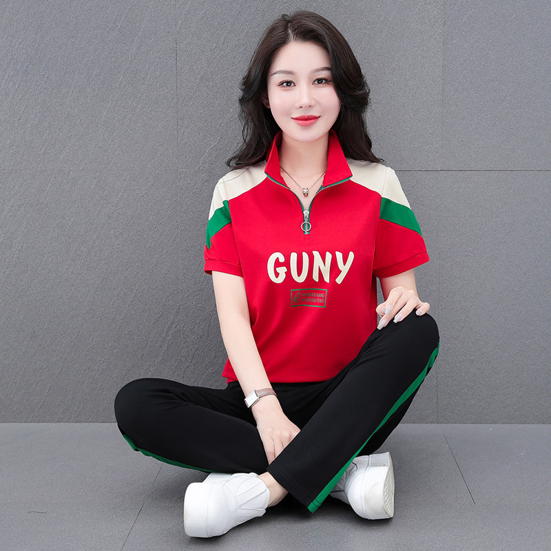 하프 오픈 칼라 플러스 벨벳 컬러 매칭 봄 가을 겨울 스포츠 운동복 여성용 2024 새로운 스타일 어머니 스타일 투피스 세트