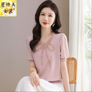 夏季冰丝短袖t恤衫女夏2025新款时尚洋气减龄蝴蝶结雪纺体恤上衣