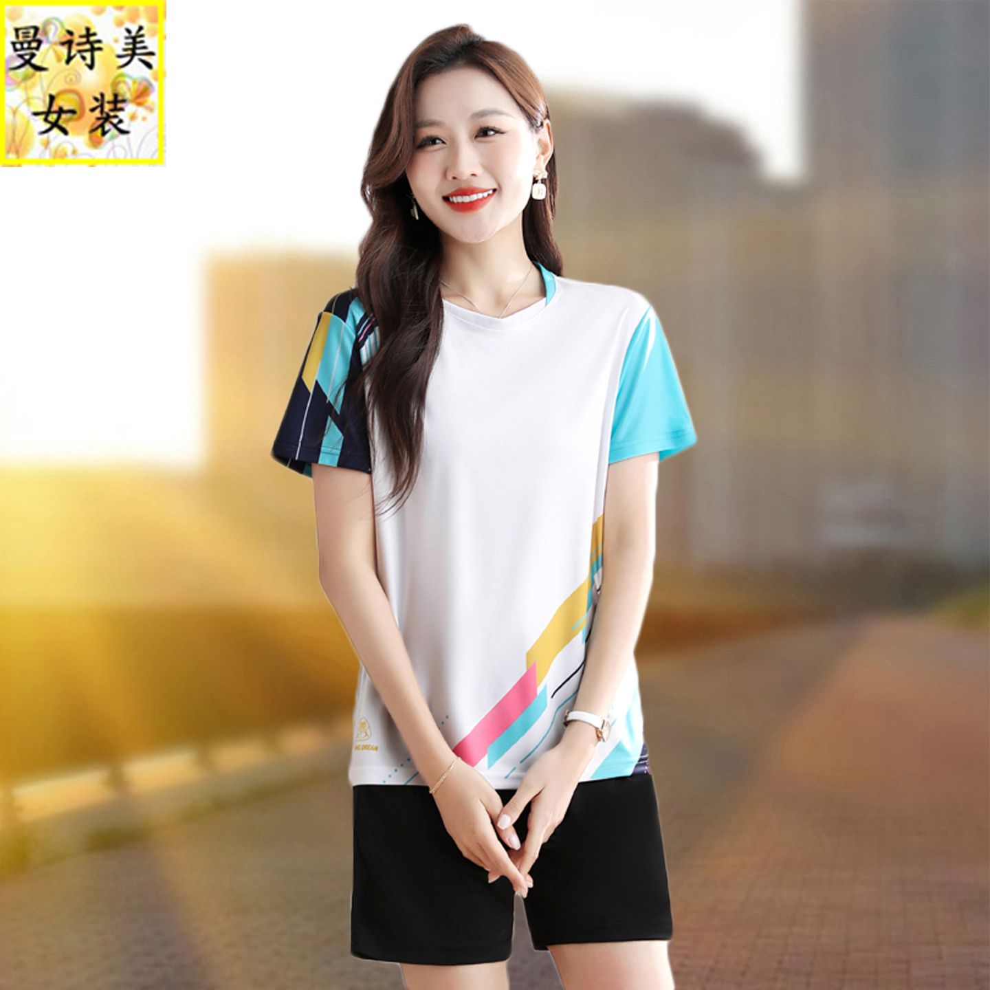 冰丝速干跑步运动套装女夏季2025新款羽毛球服短袖短裤休闲两件套
