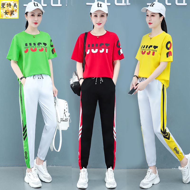 欧洲站夏季新款纯棉短袖女时尚跑步广场舞跳舞薄款休闲运动服套装