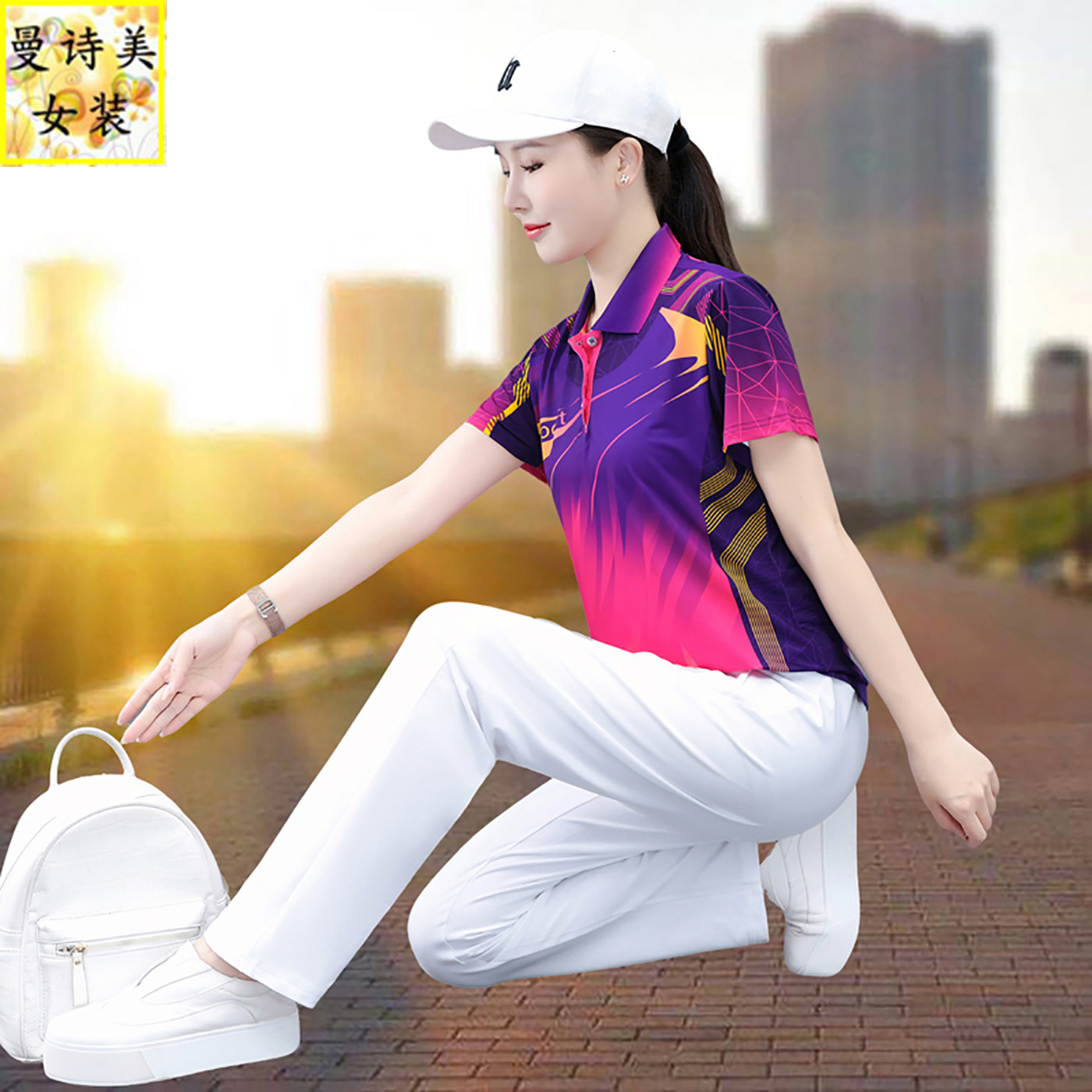 冰丝翻领速干衣运动服套装女夏季2026新款时尚宽松休闲健身两件套