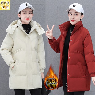 米白中长款时尚棉衣女冬季2026新款时尚宽松休闲妈妈加厚棉袄外套
