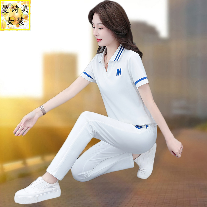 夏季冰丝polo衫短袖运动套装女2025新款大码宽松薄款休闲两件套潮