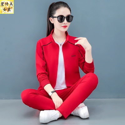 2025春秋红衣红裤休闲妈妈三件套