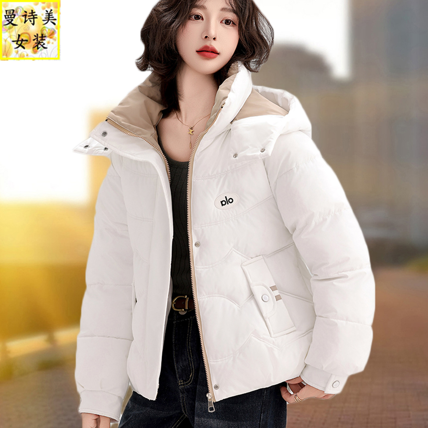 时尚短款可脱卸帽加厚女棉服外套
