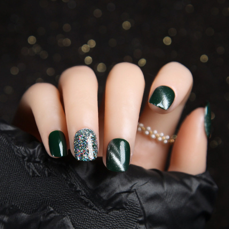 新款墨绿晶石猫眼显白短款穿戴美甲贴片假指甲成品光疗甲反复使用