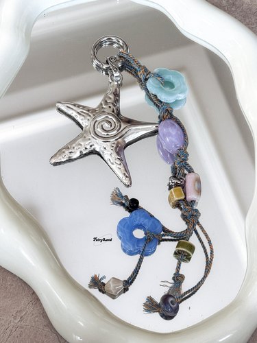 原创银色海星花朵包包挂件钥匙扣miu系编织绳挂饰度假风挂件ins风