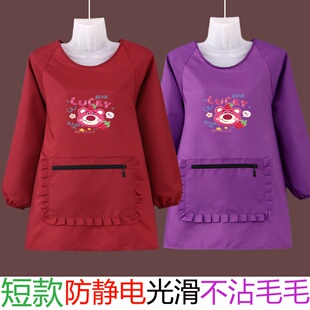 光滑布料长袖围裙女防静电服装厂上班家用防尘耐穿带袖工作服围腰