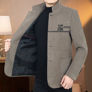 春秋季新款男士毛呢夹克外套立领中青年休闲中山装呢子西服潮