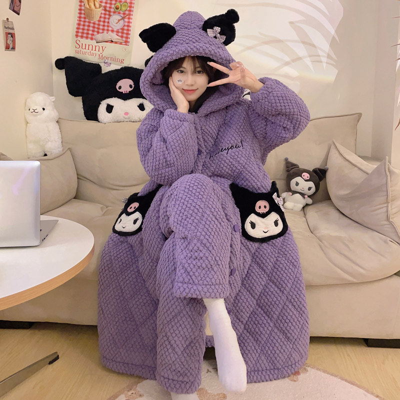 睡衣女款秋冬季珊瑚绒加厚加绒三层夹棉睡袍法兰绒长款家居服套装